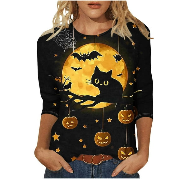 Riecok Halloween T Shirts for Women 3/4 Sleeve Crewneck Cute Cat Printed Tunic Tops Loose Casual Clothes Multicolor S