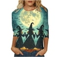 thumbnail image 1 of Riecok Halloween T Shirts for Women 3/4 Sleeve Crewneck Witch Printed Tunic Tops Holiday Party Clothes Blue 5XL, 1 of 5