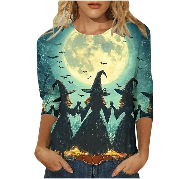 Riecok Halloween T Shirts for Women 3/4 Sleeve Crewneck Witch Printed Tunic Tops Holiday Party Clothes Blue 5XL