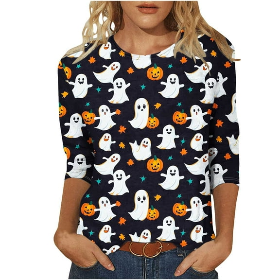 Riecok Halloween for Women Shirt 3/4 Sleeve Crewneck Funny Ghost Printed Tunic Tops Loose Casual Blouses Multicolor M