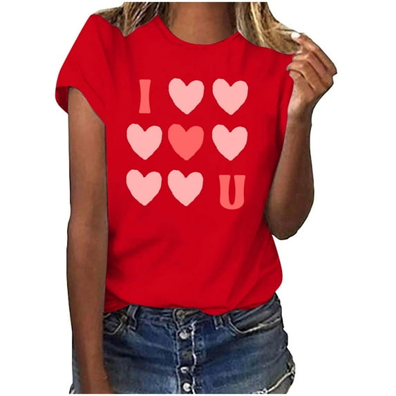 Riecok Heart Printed T-Shirt for Women valentines day shirts Scoop Neck Love Graphic Tee Short Sleeve Summer Comfy Casual Short Sleeve Tops Red M