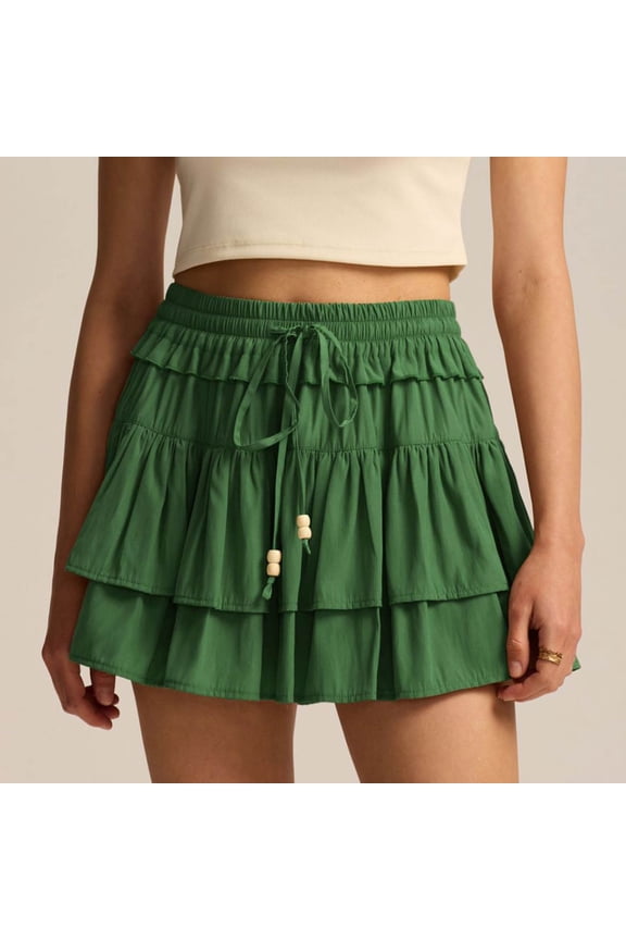 High Waisted Skirts for Women Mini Tiered Skorts Drawstring Lightweight Beach Ruffle Skirt with Inner Green M