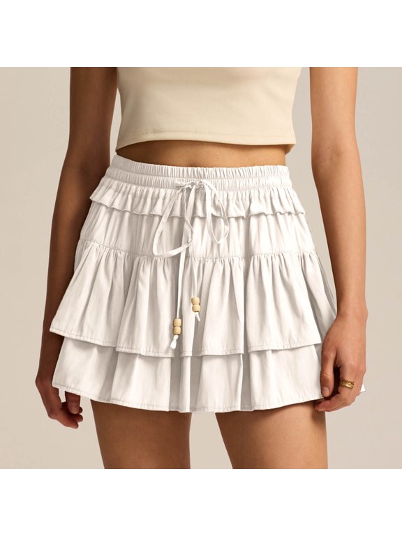 High Waisted Skirts for Women Mini Tiered Skorts Drawstring Lightweight Beach Ruffle Skirt with Inner White XL