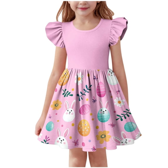 Riecok Holiday Dresses for Girls Easter Flutter Short Sleeve A Line Mini Dress Flowy Bunny Eggs Print Vacation Clothes
