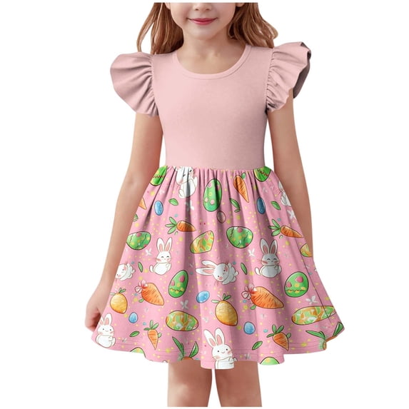 Riecok Holiday Dresses for Girls Easter Flutter Short Sleeve A Line Mini Dress Flowy Bunny Eggs Print Vacation Clothes