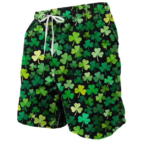 Riecok Holiday Shorts for Men St Patrick's Day Elastic Waist Drawstring Shorts Clover Printed Beach Vacation Clothes