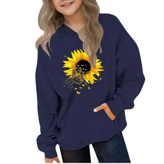 Riecok Hooded Sweatshirt Girls Long Sleeve Round Neck Cute Printed Kids Pullover Top with Pocket Oversized Fleece Pocket Sweatshirt Tops Navy 5 Years
