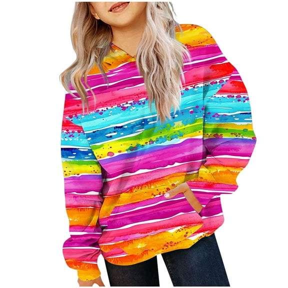 Riecok Hooded Sweatshirt Girls Long Sleeve Round Neck Stripe Printed Kids Cute Pullover Top Clothes for Girls and Boys Multicolor-9 9-10 Years