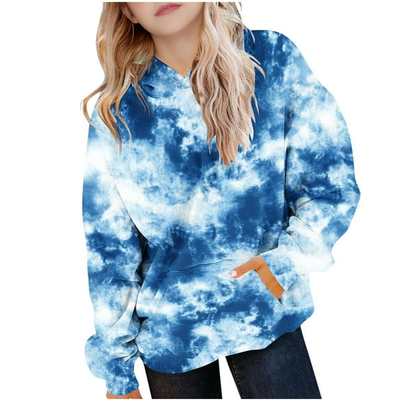 Riecok Hooded Sweatshirt Kids Long Sleeve Round Neck Cute Printed Fashion Casual Tops with Pocket Clothes for Girls and Boys Blue 4 Years