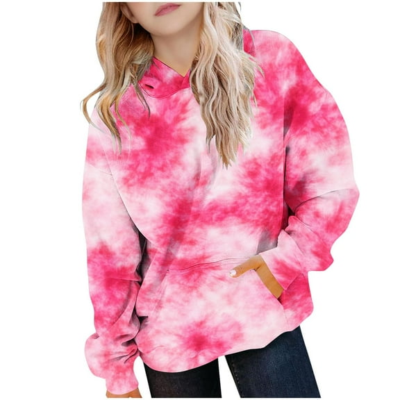 Riecok Hooded Sweatshirt Kids Long Sleeve Round Neck Cute Printed Fashion Casual Tops with Pocket Clothes for Girls and Boys Hot Pink 4 Years