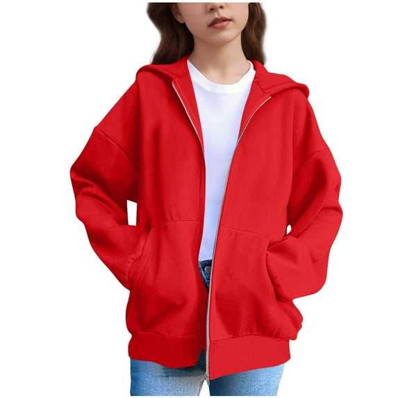 Riecok Hooded Sweatshirt Kids Zip up Long Sleeve Round Neck Solid Color Cute Ear Hoodies with Pocket Clothes for Girls and Boys Red 140