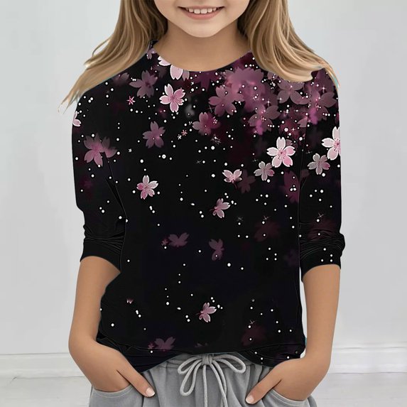 Riecok Hoodie Sweatshirt for Girls 3/4 Sleeve Crewneck Casual Loose Hoodie Comfy Prints Lightfleece Lined Tops Trendy Clothes Hoodie Older Children Pullover Multicolor 5 T