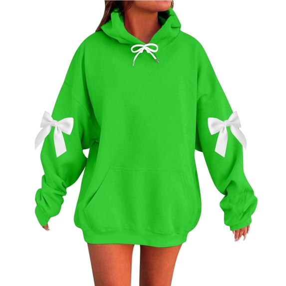 Riecok Hoodie for Women with Bows Long Sleeve Hooded Sweatshirts Drop Shoulder Drawstring Pullover Tops Casual Fall Clothes