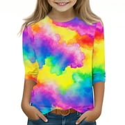 Riecok Hoodies for Girls Long Sleeve Tops 3/4 Sleeve Crewneck Casual Comfy Prints Pullover Spring Sports Shirt Trendy Outfits Sweatshirt Older Children Pullover Multicolor 9 T