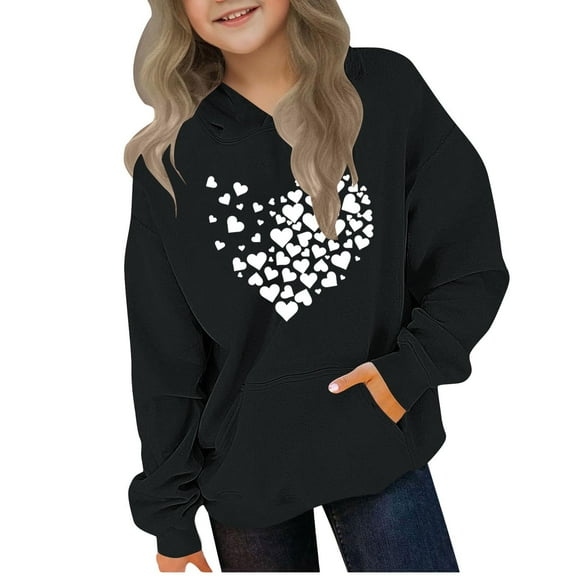 Riecok Hoodies for Girls Long Sleeve Round Neck Cute Printed Kids Pullover Top with Pocket Oversized Fleece Pocket Sweatshirt Tops Black 11 Years