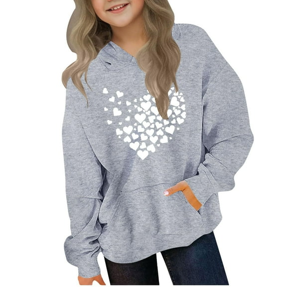 Riecok Hoodies for Girls Long Sleeve Round Neck Cute Printed Kids Pullover Top with Pocket Oversized Fleece Pocket Sweatshirt Tops Gray 13 Years