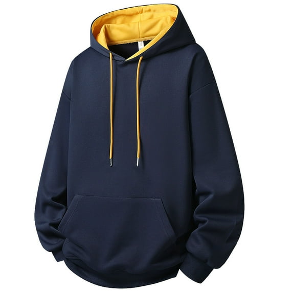 Riecok Hoodies for Men Drawstring Solid Color Long Sleeve Tops with Pocket Comfortable Hooded Coat Dark Blue 3XL