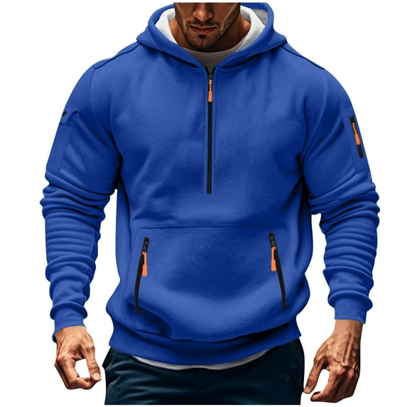 Riecok Hoodies for Men with Zipper Pullover Solid Color Long Sleeve Tops with Pocket Casual Comfortable Coat Blue L