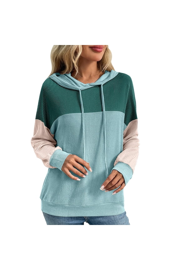 Hoodies for Women Hooded Drawstring Tops Color Block Ribbed Long Sleeve Blouses Soft Warm Clothes