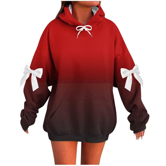 Riecok Hoodies for Women Long Sleeve Hooded Sweatshirts Bow Drop Shoulder Drawstring Pullover Tops Trendy Fall Clothes