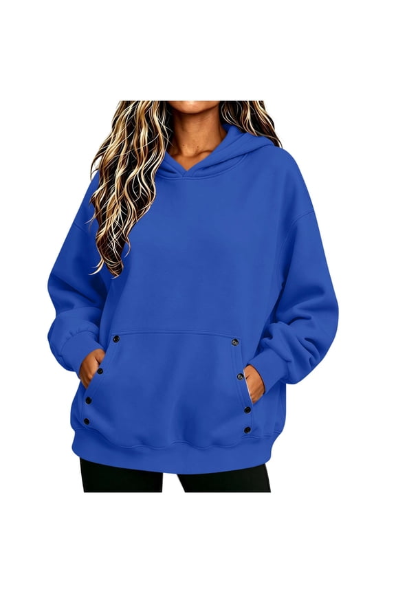 Hoodies for Women Plus Size Hooded Pullover Long Sleeve Sweatshirt Solid Tops Fall Clothes with Pocket Blue 2XL