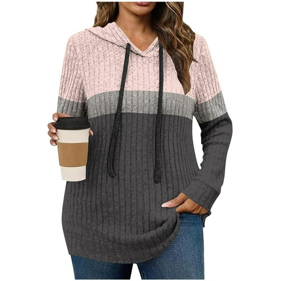qelini Hoodies for Women Ribbed Pullover Hooded Long Sleeve Sweatshirts Colorblock Knitted Tops Dressy Warm Clothes