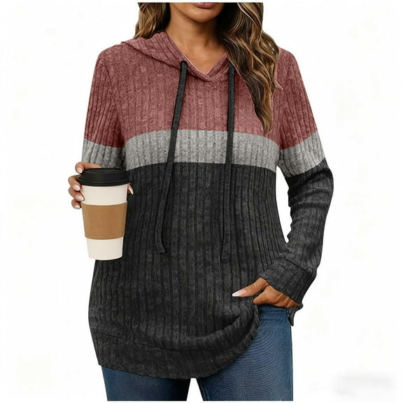 qelini Hoodies for Women Ribbed Pullover Hooded Long Sleeve Sweatshirts Colorblock Knitted Tops Dressy Warm Clothes