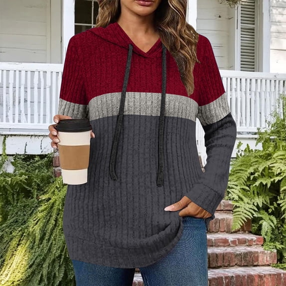 qelini Hoodies for Women Ribbed Pullover Hooded Long Sleeve Sweatshirts Colorblock Knitted Tops Dressy Warm Clothes