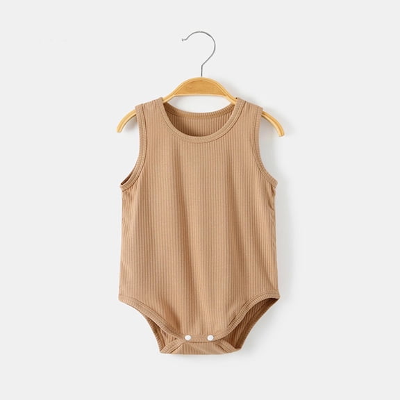 Riecok Infant Toddler Ribbed Sleeveless Vest Bodysuit Romper Onesie Comfortable Solid Color Summer 0-2Y Coffee 6 M