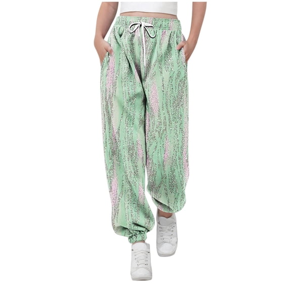 Riecok Jogger Sweatpants for Girls Waisted Drawstring with Pockets Printing Casual Trackpants Green 11 Years