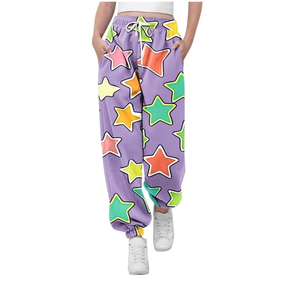 Riecok Jogger Sweatpants for Girls Waisted Drawstring with Pockets Printing Casual Trackpants Purple 3 Years