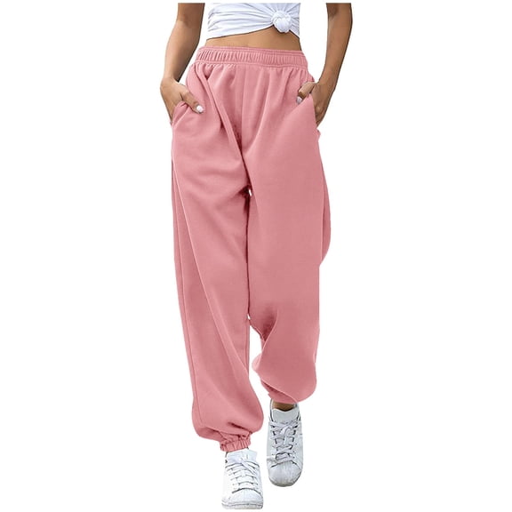 qelini Jogger Sweatpants for Women Elastic Waist Pants Solid Fall Pants Casual Workout Trousers with Pockets