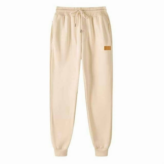 Riecok Jogging Pants for Men Elastic Waist Drawstring Open Bottom Solid Color Outdoor Running Jogger Pants with Pockets Beige L