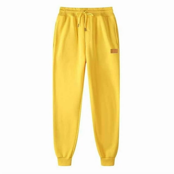 Riecok Jogging Pants for Men Elastic Waist Drawstring Open Bottom Solid Color Outdoor Running Jogger Pants with Pockets Yellow XXXL