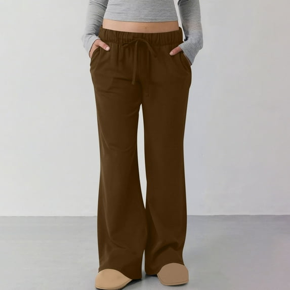 Riecok Jogging Pants for Women Mid Waist Drawstring Flared Solid Color Workout Lounge Trousers with Pockets