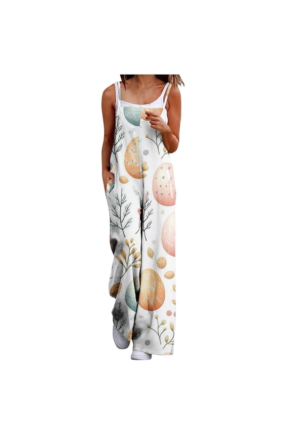 Jumpsuit for Women Easter Sleeveless Adjustable Straps One Piece Casual Trendy Rompers with Pockets