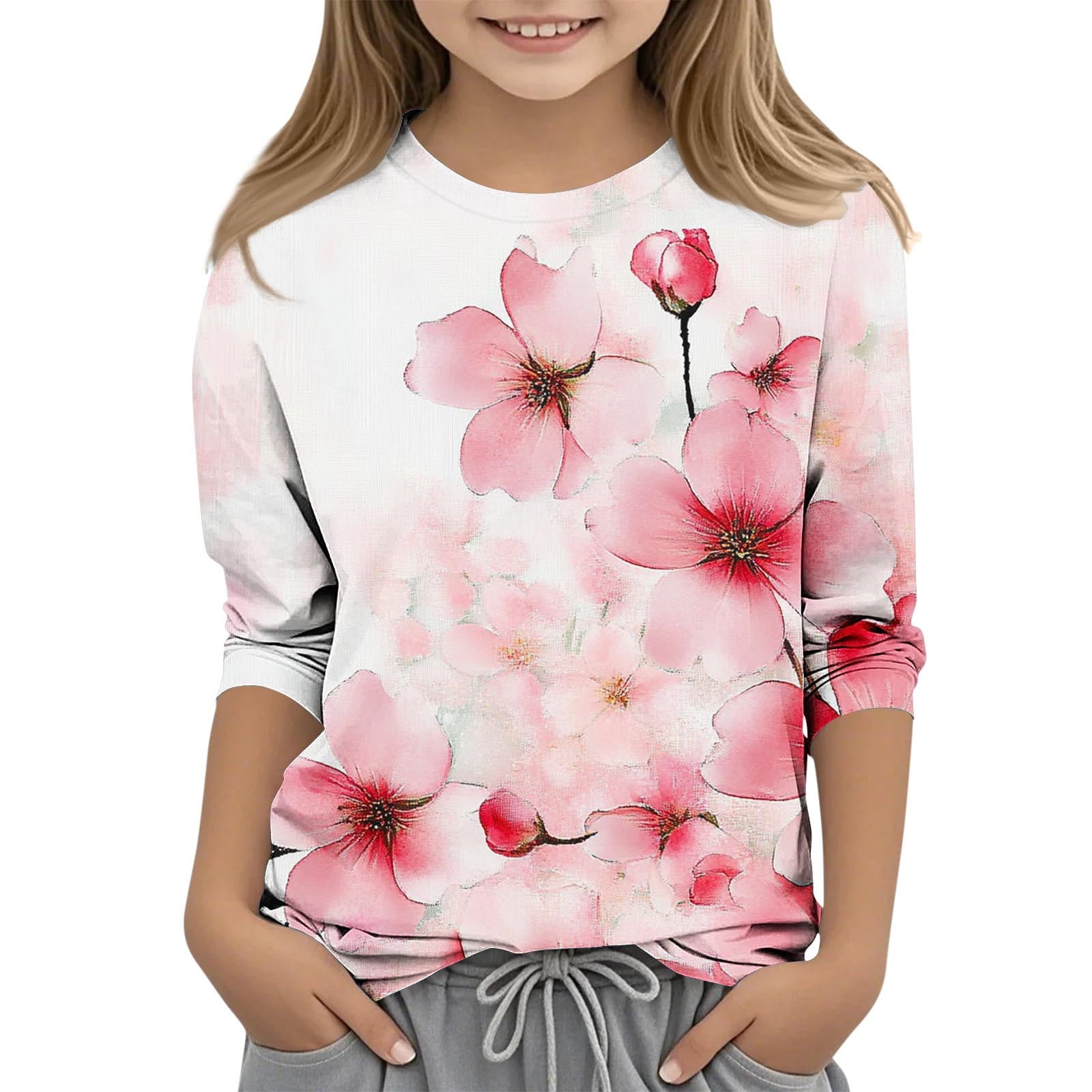 Riecok Kid Shirts for Girl 7 3/4 Sleeve Cute Patterns Crew Neck Shirt ...