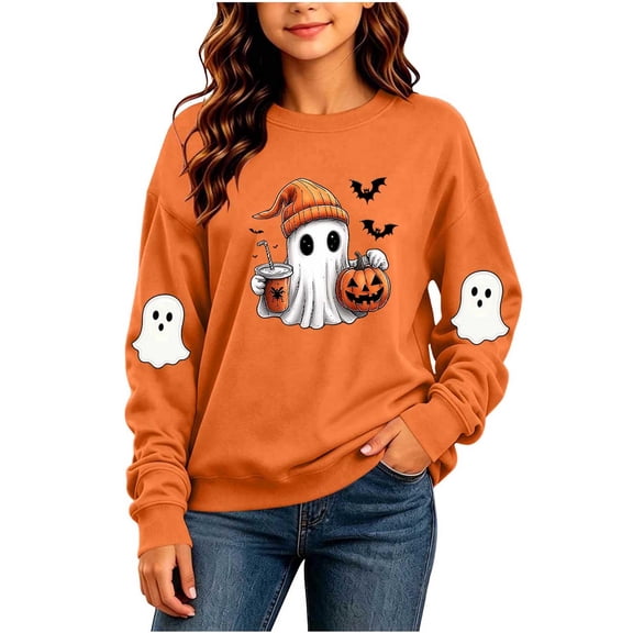 Riecok Kids Halloween Shirts for Girls Ghost Print Tops Crewneck Long Sleeve Pullover Warm Casual Spooky Tee Orange 14-15Years