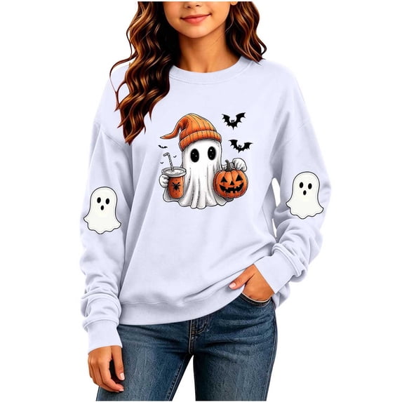 Riecok Kids Halloween Shirts for Girls Ghost Print Tops Crewneck Long Sleeve Pullover Warm Casual Spooky Tee White 11-12Years
