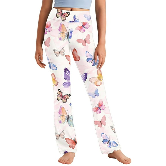 Riecok Kids Pants Girls Leggings High Waisted Elasticity Cute Butterfly Printed Fashion Straight Yoga Pants Multicolor 6 Years