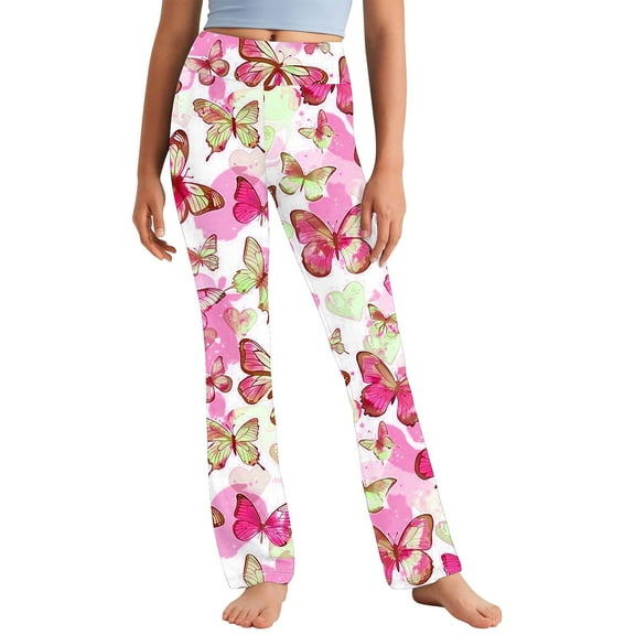 Riecok Kids Pants Girls Leggings High Waisted Elasticity Cute Butterfly Printed Fashion Straight Yoga Pants Multicolor 8 Years
