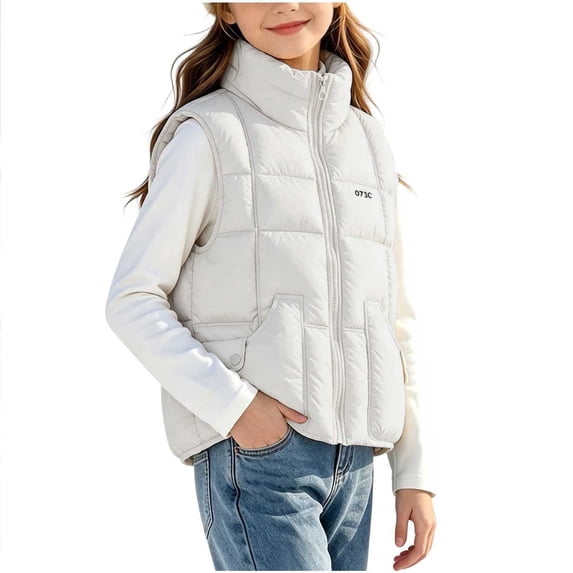 Riecok Kids Puffer Vest Sleeveless Stand Collar Zip up Quilted Jackets Thermal Solid Warm Casual Winter Outerwear Beige 9-10T