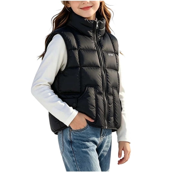 Riecok Kids Puffer Vest Sleeveless Stand Collar Zip up Quilted Jackets Thermal Solid Warm Casual Winter Outerwear Black 9-10T
