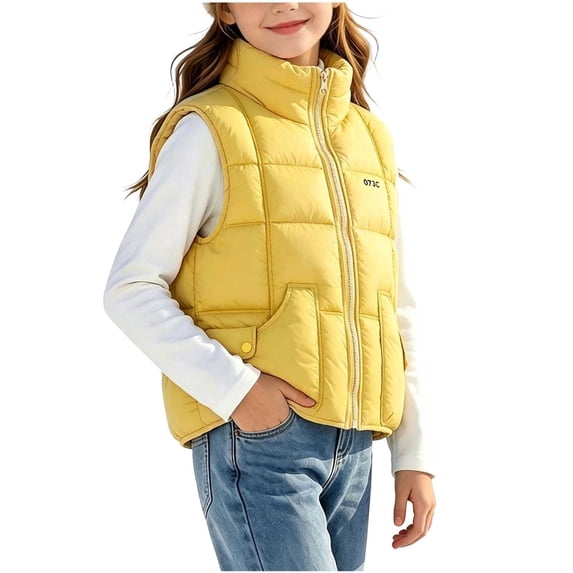 Riecok Kids Puffer Vest Sleeveless Stand Collar Zip up Quilted Jackets Thermal Solid Warm Casual Winter Outerwear Yellow 5-6T