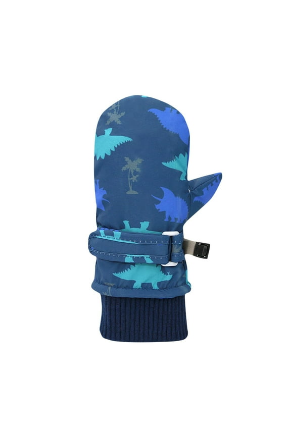 Kids Snow Gloves Waterproof Elastic Wrist Dinosaur Print Windproof Children Warm Gloves Blue 2 Years