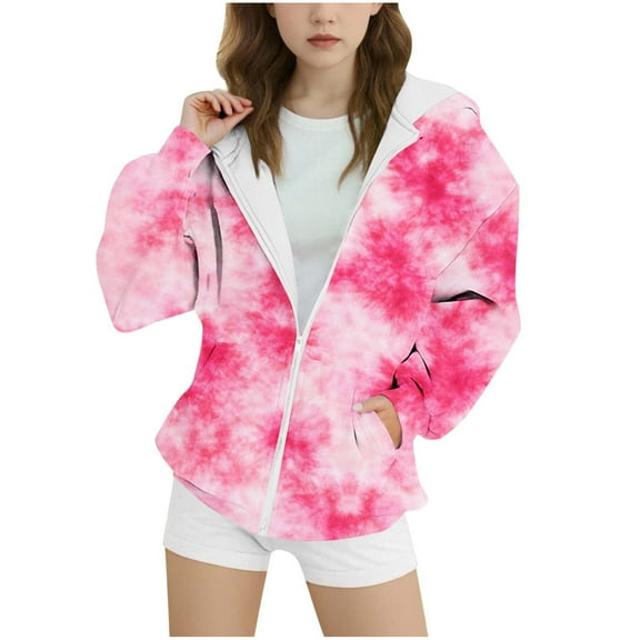 Riecok Kids Zip up Jacket for Girls with Pocket Long Sleeve Zip up Cute Print Fall Casual Coat Outwear Blue 6-7Years