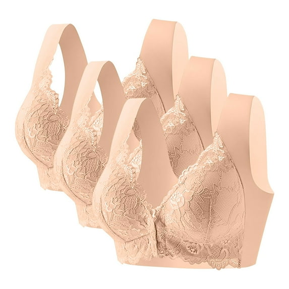 Riecok Lace Bras for Women Plus Size 3 Pack Seamless Front Closure Wireless Bras with Support Push up Bras