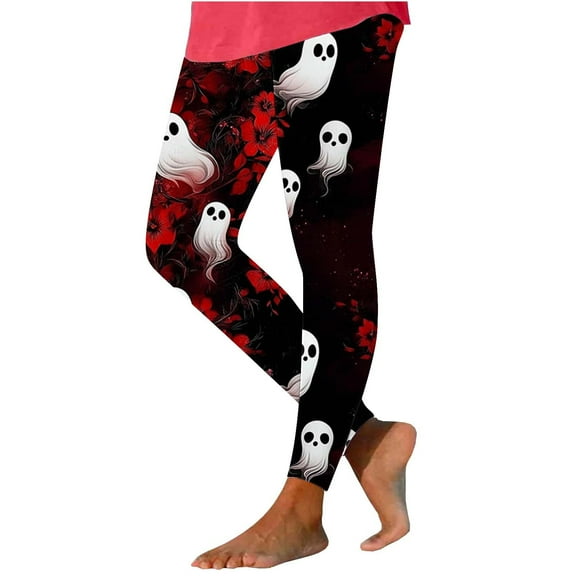 Riecok Legging Pants Women Halloween Casual Stretchy Ghost Print Legging Tights Sport Bottom Pants