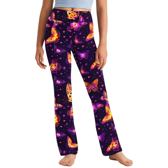 Riecok Legging Pants for Girls High Waisted Elasticity Cute Butterfly Printed Fashion Straight Yoga Pants Multicolor 10 Years