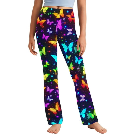 Riecok Legging Pants for Girls High Waisted Elasticity Cute Butterfly Printed Fashion Straight Yoga Pants Multicolor 5 Years